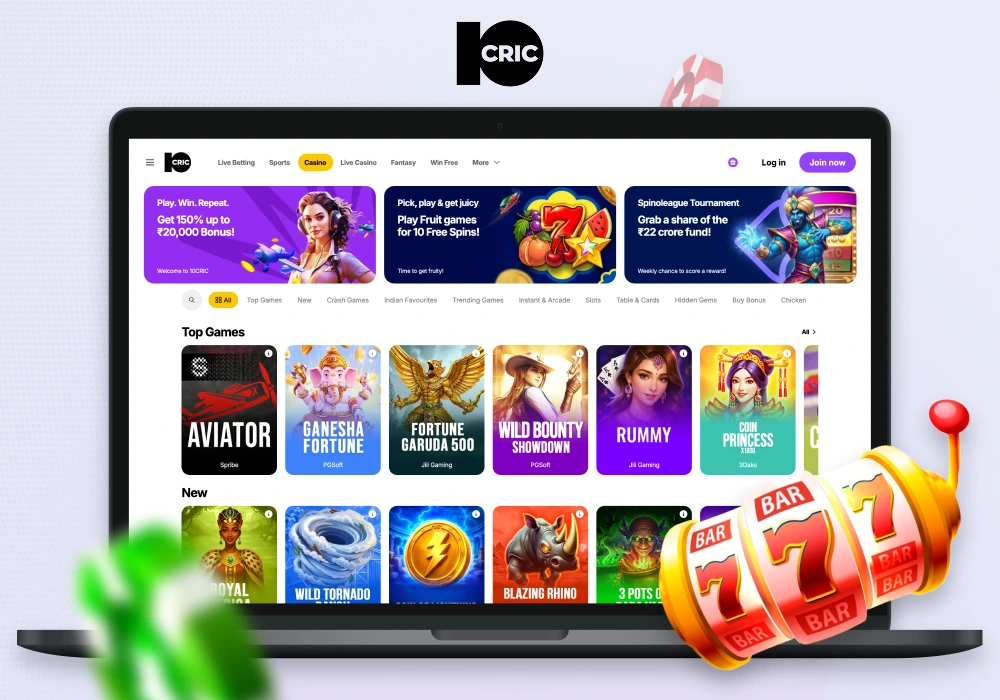 10CRIC Casino offers its users in India a vast library of online games